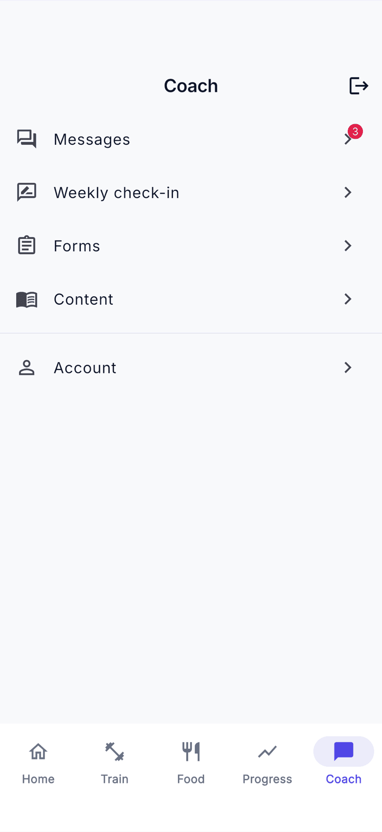 The coach tab: messages, weekly check-in, forms and content